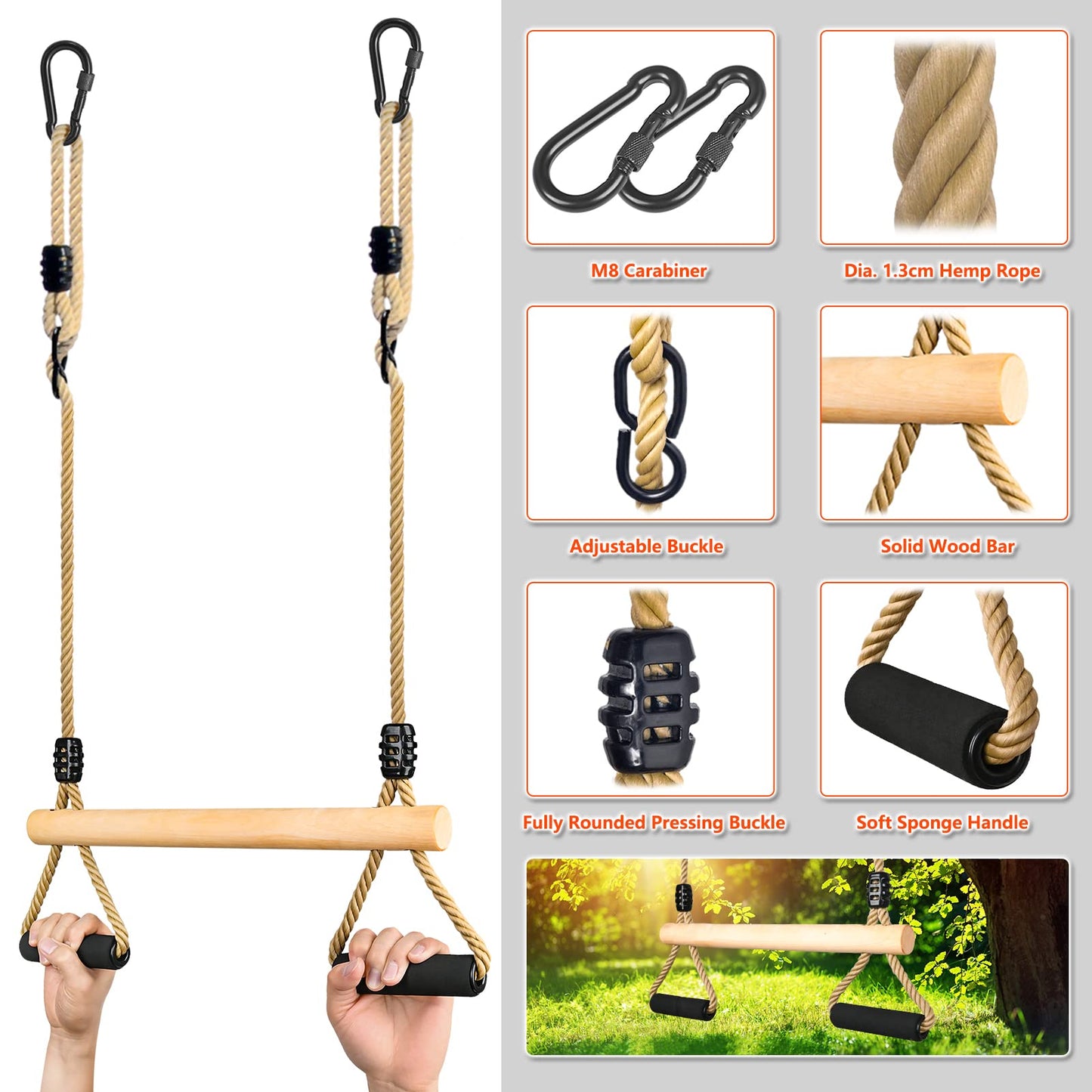 Lyndwin Trapeze Swing, Kids Wooden Multifunction Adjustable Swing with Soft Sponge Handle Indoor Outdoor Children's Trapeze Swing up to 100 kg (42cm)