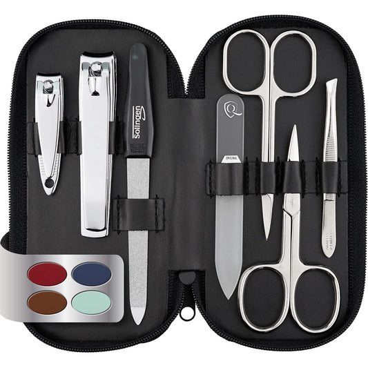 marQus manicure set for women and men, Solingen Made in Germany, 7 pieces with patented glass file for hand and foot care - genuine leather case, handy and soft.