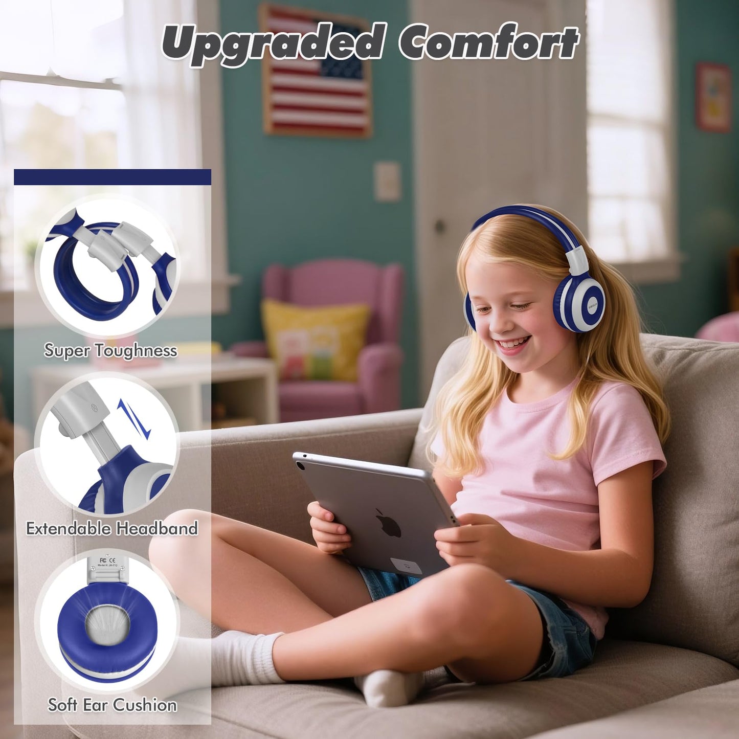 SIMOLIO Kids Bluetooth Headphones, Wireless Headphones with Volume Control, Portable & Foldable Headphones with Hard Case for Boys Teens Teenagers for Travel/Flight - Gray