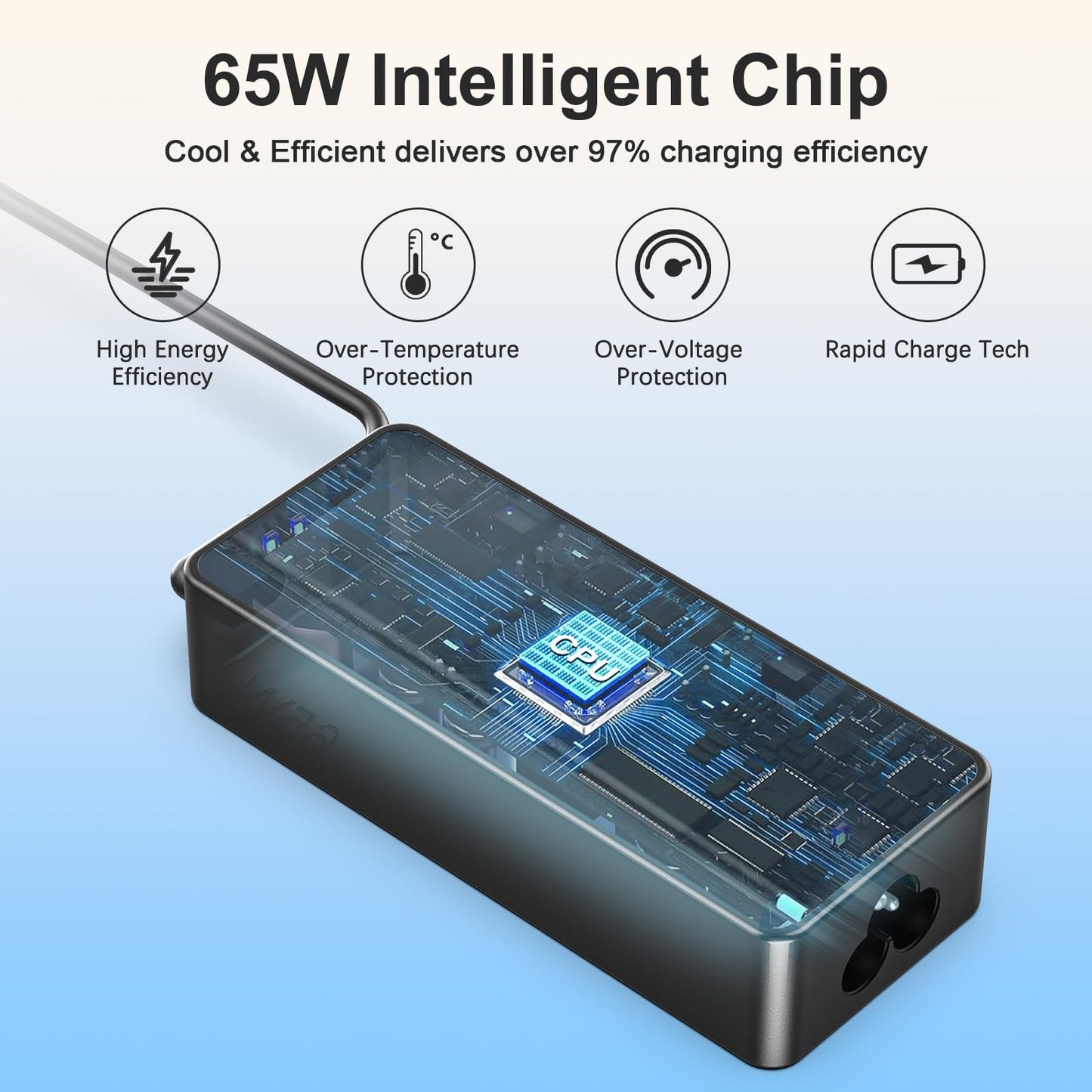65W USB C power adapter for HP laptops, including Spectre, EliteBook, Elite X2, Chromebook, 360, Probook, and Pavilion. Universal charger with fast charging capabilities.