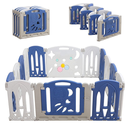 NAIZY Playpen for Baby 12+2 foldable Playard with Toy Panel & Door Panel Crawling Grid Non-slip HDPE Safety Gate Playpen for Kids Indoor and Outdoor, Blue+White