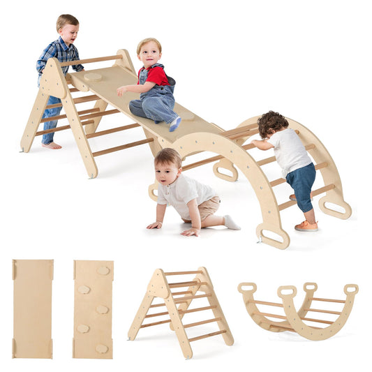 GOPLUS Climbing Frame Indoor, 4 in 1 Climbing Triangle & Climbing Arch & Ladder & Slide, Rung Triangle Playground for Climbing, Sliding and Rocking, for Toddlers from 1 year old (Natural)