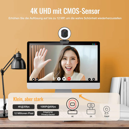 Angetube 4K webcam with light - streaming camera for PC with dual AI noise-cancelling microphone, auto-focus, and built-in privacy cover. USB 1080P 60FPS webcam for laptop and Mac.