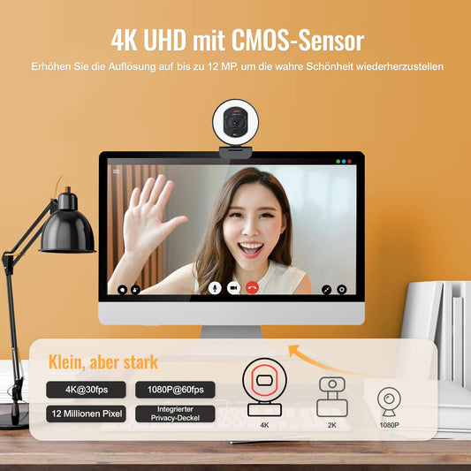 Angetube 4K webcam with light - streaming camera for PC with dual AI noise-cancelling microphone, auto-focus, and built-in privacy cover. USB 1080P 60FPS webcam for laptop and Mac.