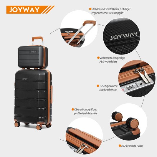 Joyway luggage set 3 pieces hard shell with 4 wheels and TSA lock. The luggage set includes 1 cosmetic case and 1 portable bag in black/brown.
