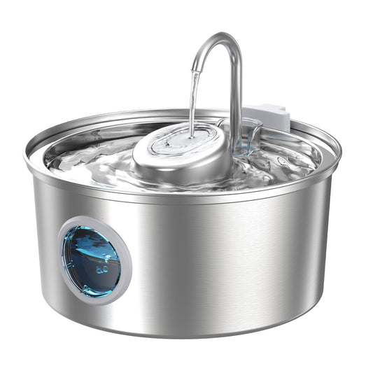 Cat fountain: 3.2L drinking fountain for cats with transparent window - Cat fountain for cats made of stainless steel in the shape of a water tap - Silent water pump - Multiple filtration - KOOGMOON