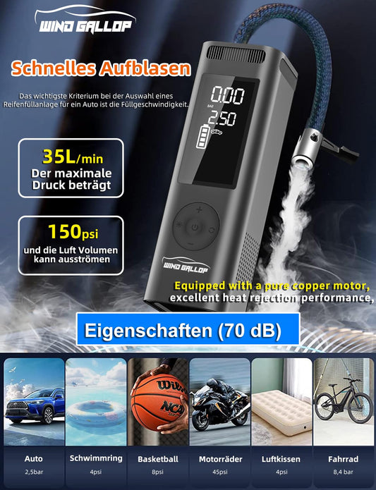 WindGallop Wireless Car Tire Inflator Air Compressor Tire Pump Auto-Off Rechargeable Battery 6000mAh Air Pump for Car Tires Bicycle Motorcycle Balls Tire Pressure Gauge LED Light (Black)