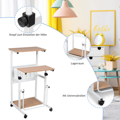 GOPLUS Laptop Table on Wheels, Standing Desk with Height-Adjustable Shelf, Space-Saving Stand-Up Computer Desk with Metal Frame, Storage Space and Footrest, Holds up to 23 kg, Natural.