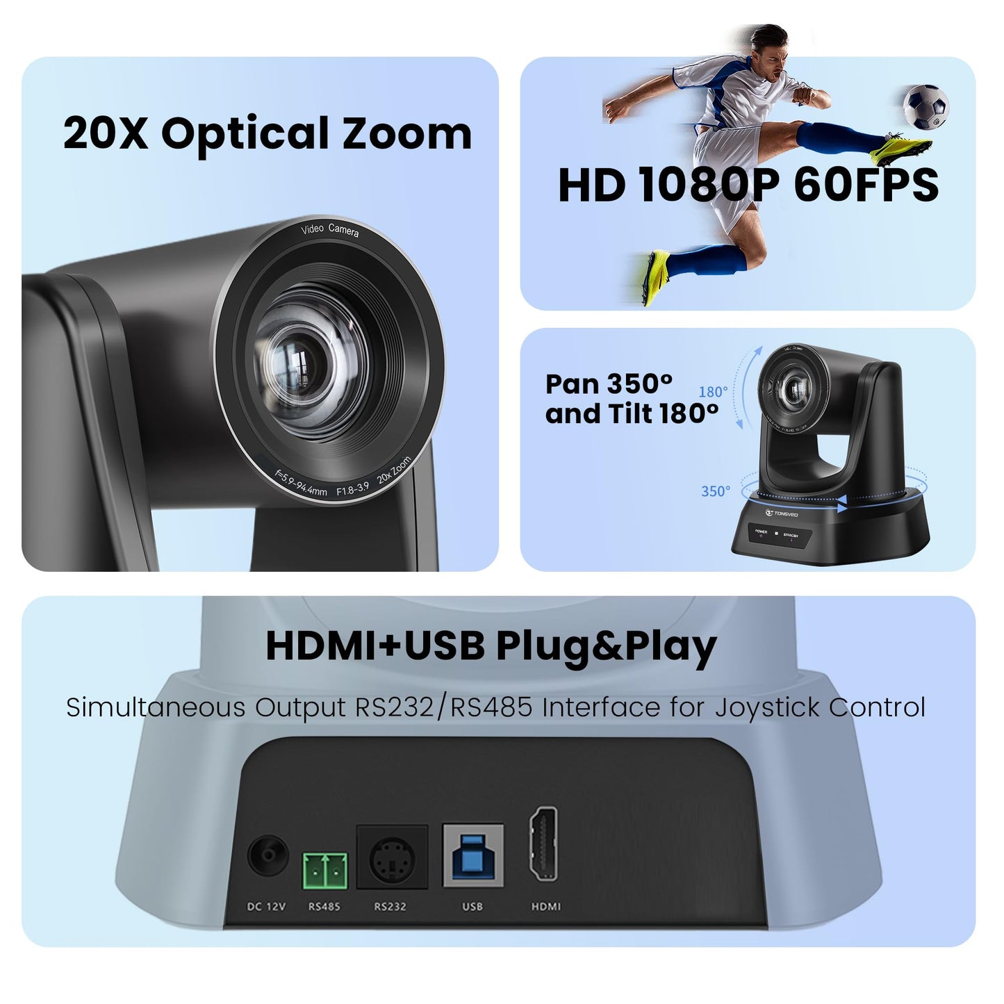 TONGVEO HDMI PTZ camera with 20X optical zoom, ideal for church live streaming and online conferences. Supports 1080P 60fps resolution and works seamlessly with Zoom, Skype, and OBS. Easy to set up.