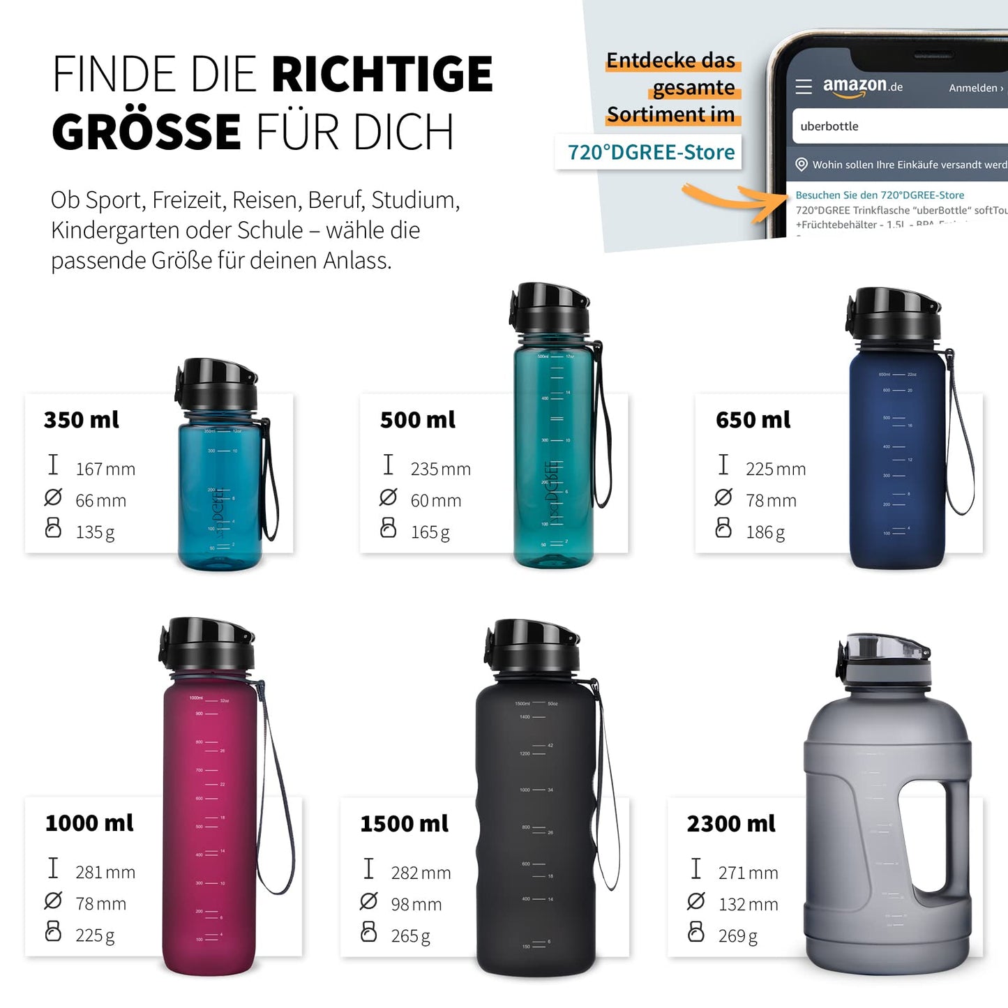 720°DGREE Fitness water bottle with handle "uberBottle Jug" - 2300ml - BPA-free, leak-proof - Large XXL water bottle for sports, gym, workout, training - Fitness bottle, sports bottle, gym bottle