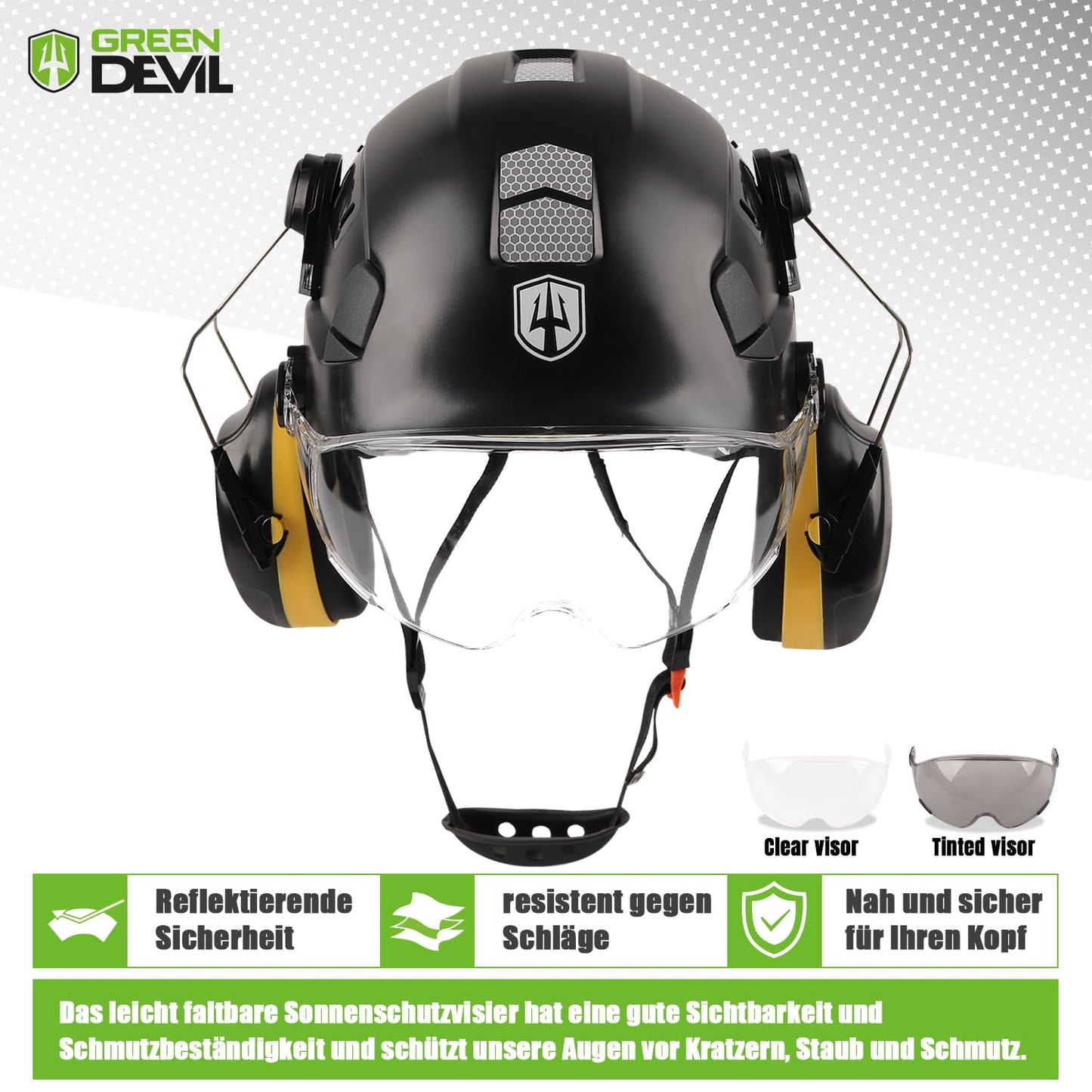 GREEN DEVIL protective helmet work helmet with clear visor and ear protection earmuffs Adjustable ABS safety helmet Ventilated construction helmet Industrial helmet (Black)