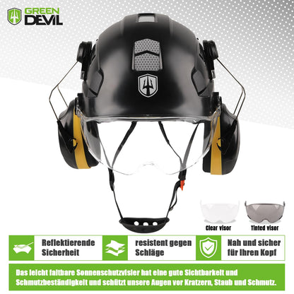 GREEN DEVIL protective helmet work helmet with clear visor and ear protection earmuffs Adjustable ABS safety helmet Ventilated construction helmet Industrial helmet (Black)