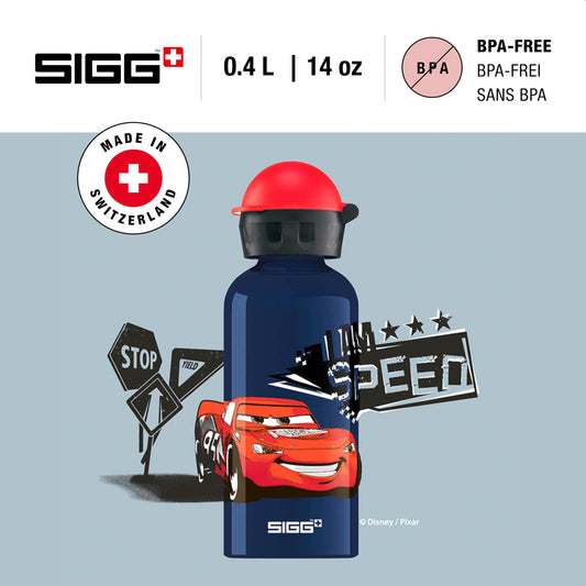 SIGG Cars Speed Kids Water Bottle (0.4 L), non-toxic with leak-proof lid, stylish aluminum water bottle.