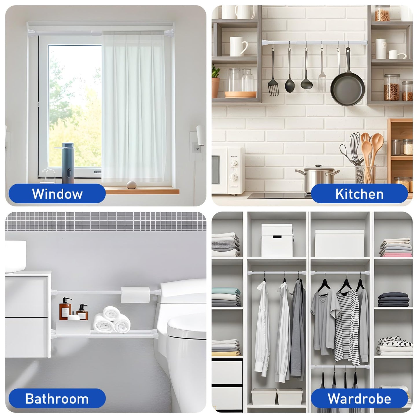 White tension rods, 18 - 28 inches, tension rod, no drilling, small adjustable curtain rod for closet, window, kitchen, door
