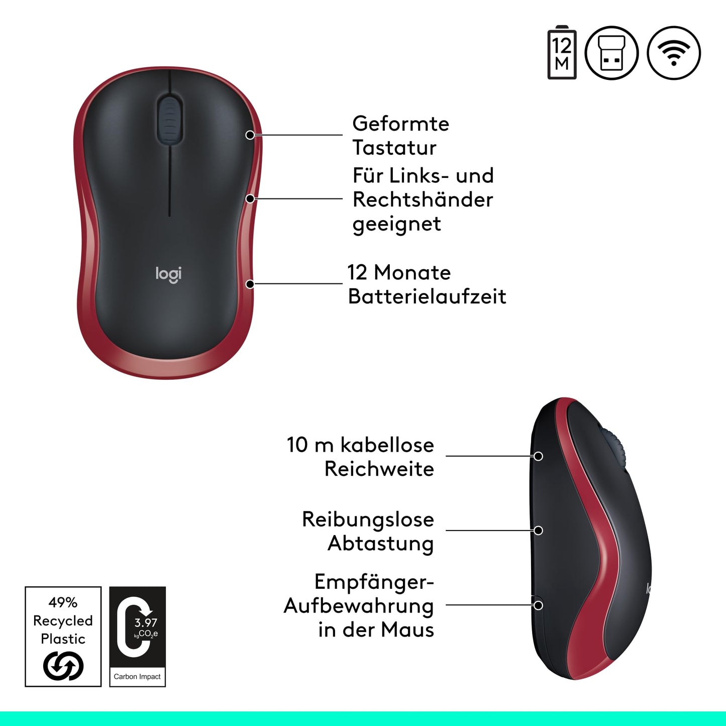 Logitech M185 Wireless Mouse, 2.4 GHz with USB Nano Receiver, 12 Months Battery Life, 1000 DPI Optical Tracking, For Left and Right Handers, Compatible with PC, Mac, Laptop - Red.