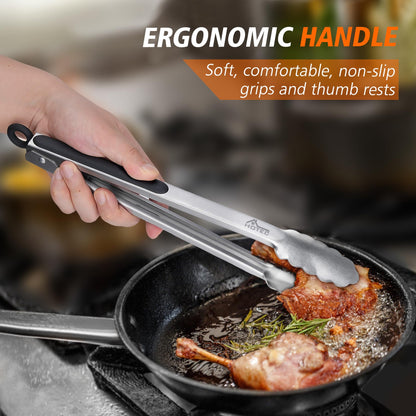 HOTEC Stainless Steel Kitchen Tongs, 2-9 inches, Metal Locking for Food, Cooking Tongs, Non-Slip Grip (Black)