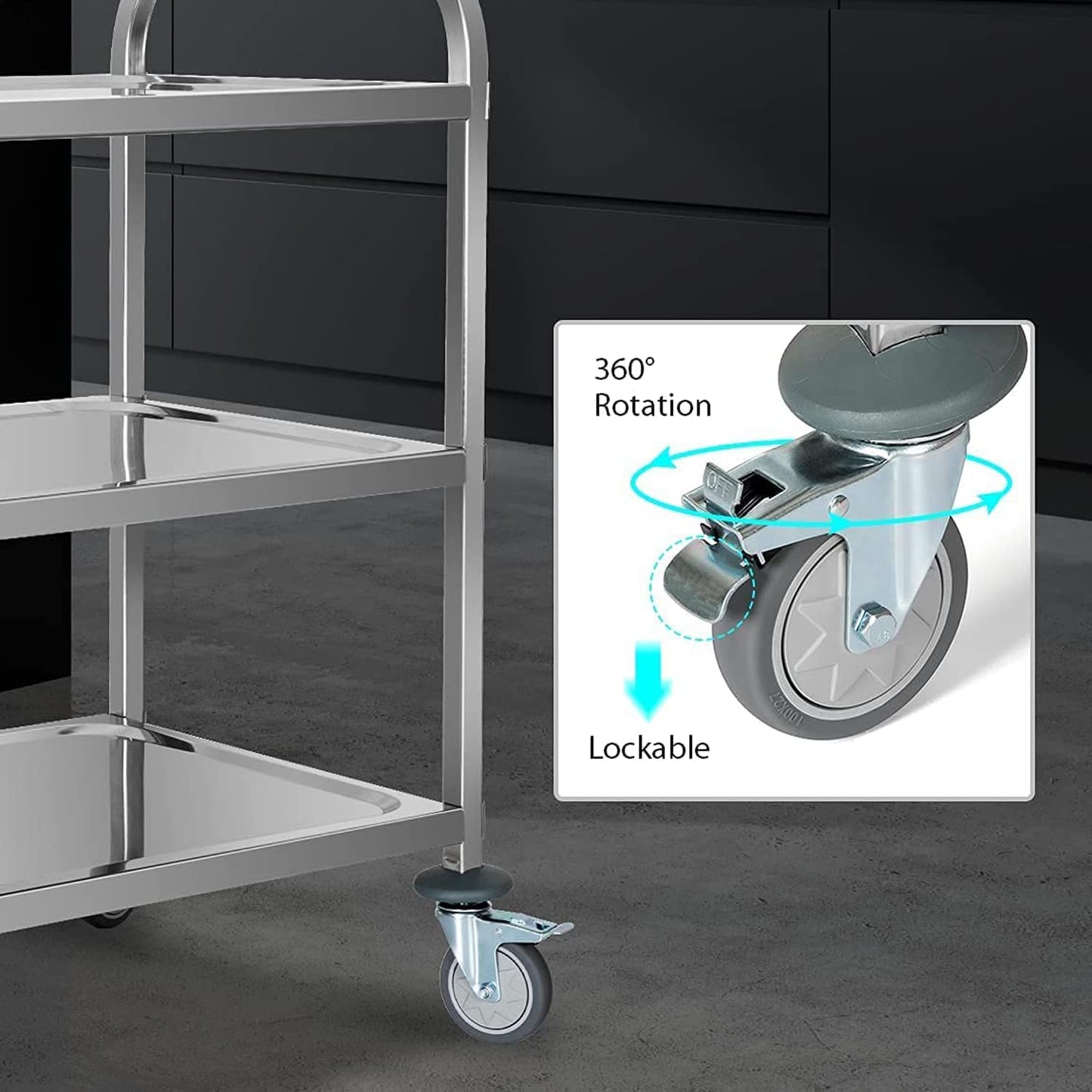 ybaymy Stainless Steel Serving Cart 3 Shelves Kitchen Trolley Stainless Steel Cart with Wheels Kitchen Cart on Wheels with Stainless Steel 95 x 50 x 95cm Food Cart, Capacity 240kg
