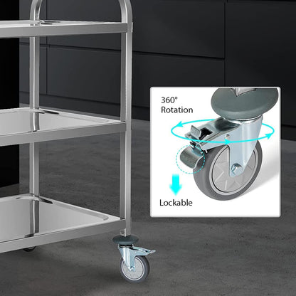 ybaymy Stainless Steel Serving Cart 3 Shelves Kitchen Trolley Stainless Steel Cart with Wheels Kitchen Cart on Wheels with Stainless Steel 95 x 50 x 95cm Food Cart, Capacity 240kg