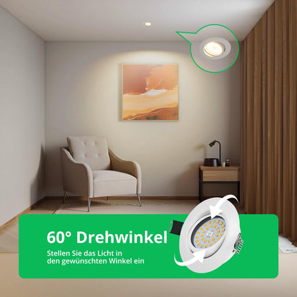 BOJIM LED spots 230V flat dimmable, recessed lights LED warm white 5.5W 68mm - 80mm cutout size, ceiling spots adjustable for kitchen living room bathroom, set of 10.