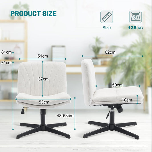 Office chair without armrests, height adjustable armless desk chair, rocking function, crossed comfortable swivel chair, ergonomic makeup chair, 360° tailor seat (White Linen)