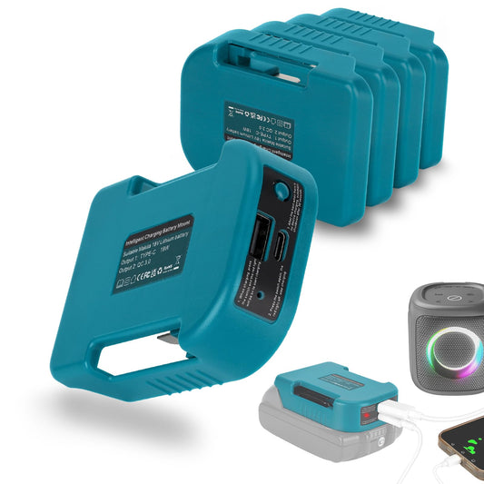 5 Pack of battery-USB adapters compatible with Makita 18V battery, with dual USB and Type-C 5V/2.1A battery holder.
