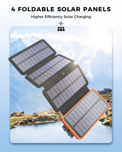 ADDTOP Solar Power Bank 25000mAh - Portable solar charger with 4 solar panels, outdoor waterproof external battery pack with 2 USB A & 1 USB C for iPhone, Android, and tablet, camera outdoor Orange