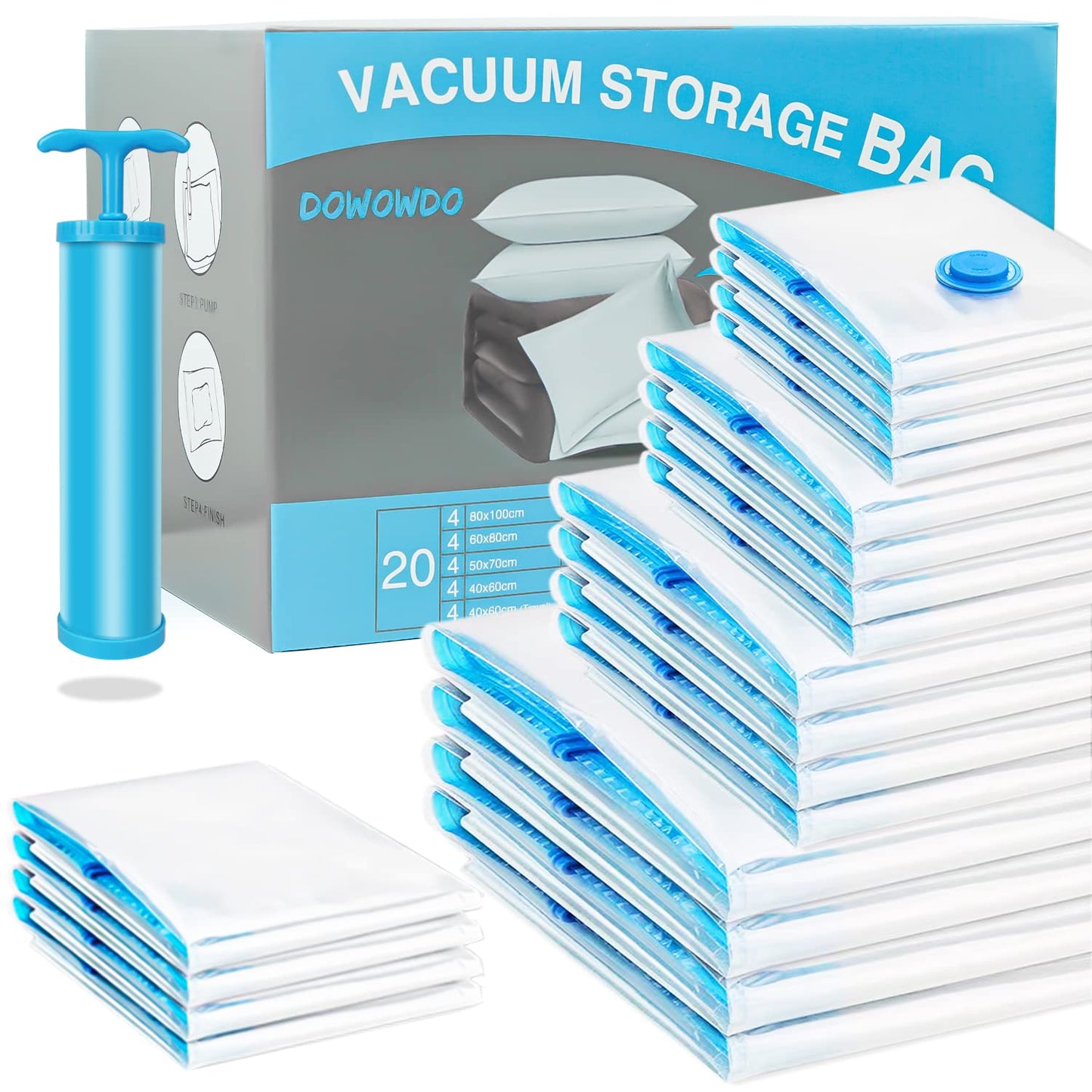 Vacuum storage bags for clothing and comforters, 20 pieces in 5 sizes (100x80, 80x60, 70x50, 60x40, and 60x40cm for travel) with a vacuum hand pump.