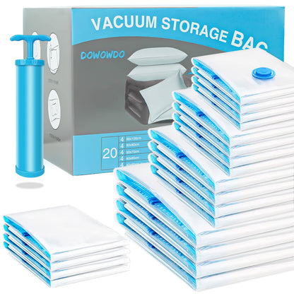 Vacuum storage bags for clothing and comforters, 20 pieces in 5 sizes (100x80, 80x60, 70x50, 60x40, and 60x40cm for travel) with a vacuum hand pump.