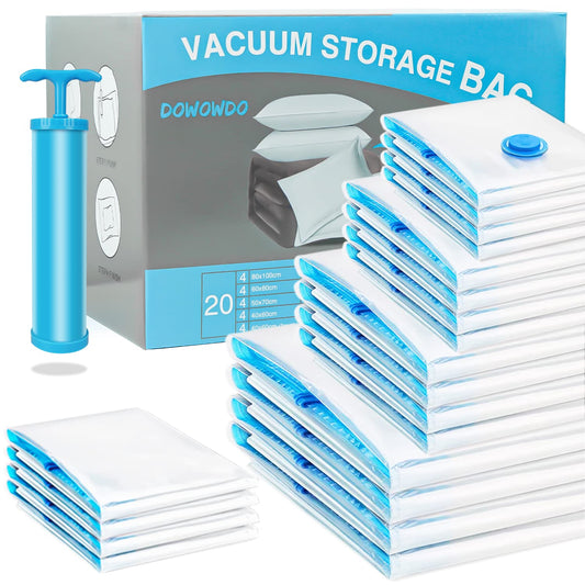 Vacuum storage bags for clothing and comforters, 20 pieces in 5 sizes (100x80, 80x60, 70x50, 60x40, and 60x40cm for travel) with a vacuum hand pump.