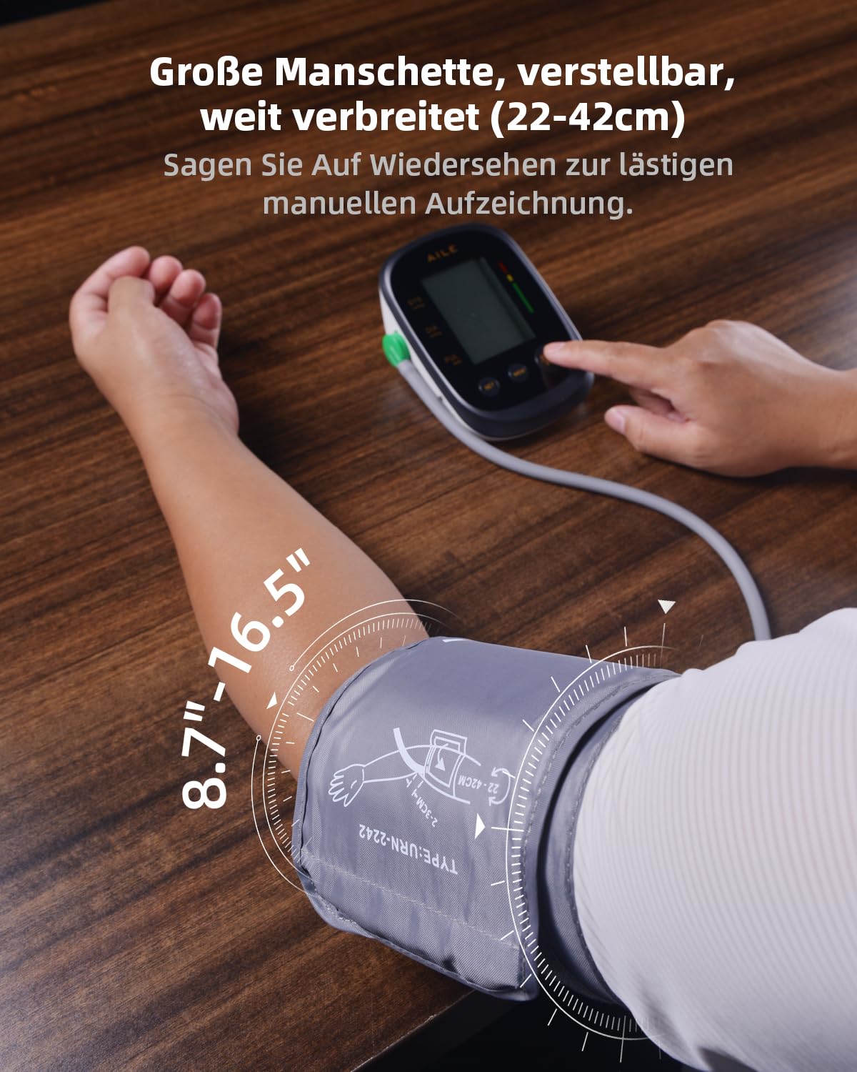 AILE home use blood pressure monitor, upper arm blood pressure monitor, fully automatic, with large cuff (22-42cm), 2 * 99 memory, easy to use