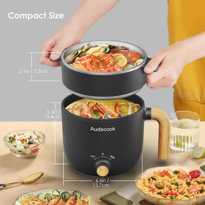 Audecook Electric Hot Pot, 1.5L Portable Mini Non-Stick Multicooker, Fast Ramen Cooker, Travel Electric Skillet with Dual Power Control for Steak/Noodles/Soup/Egg/Oatmeal