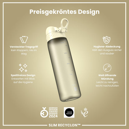 ion8 water bottle, 500ml, leak-proof, one-handed opening, secure locking, dishwasher safe, BPA-free, carrying handle, flip lid, easy to clean, climate-neutral, creamy white.