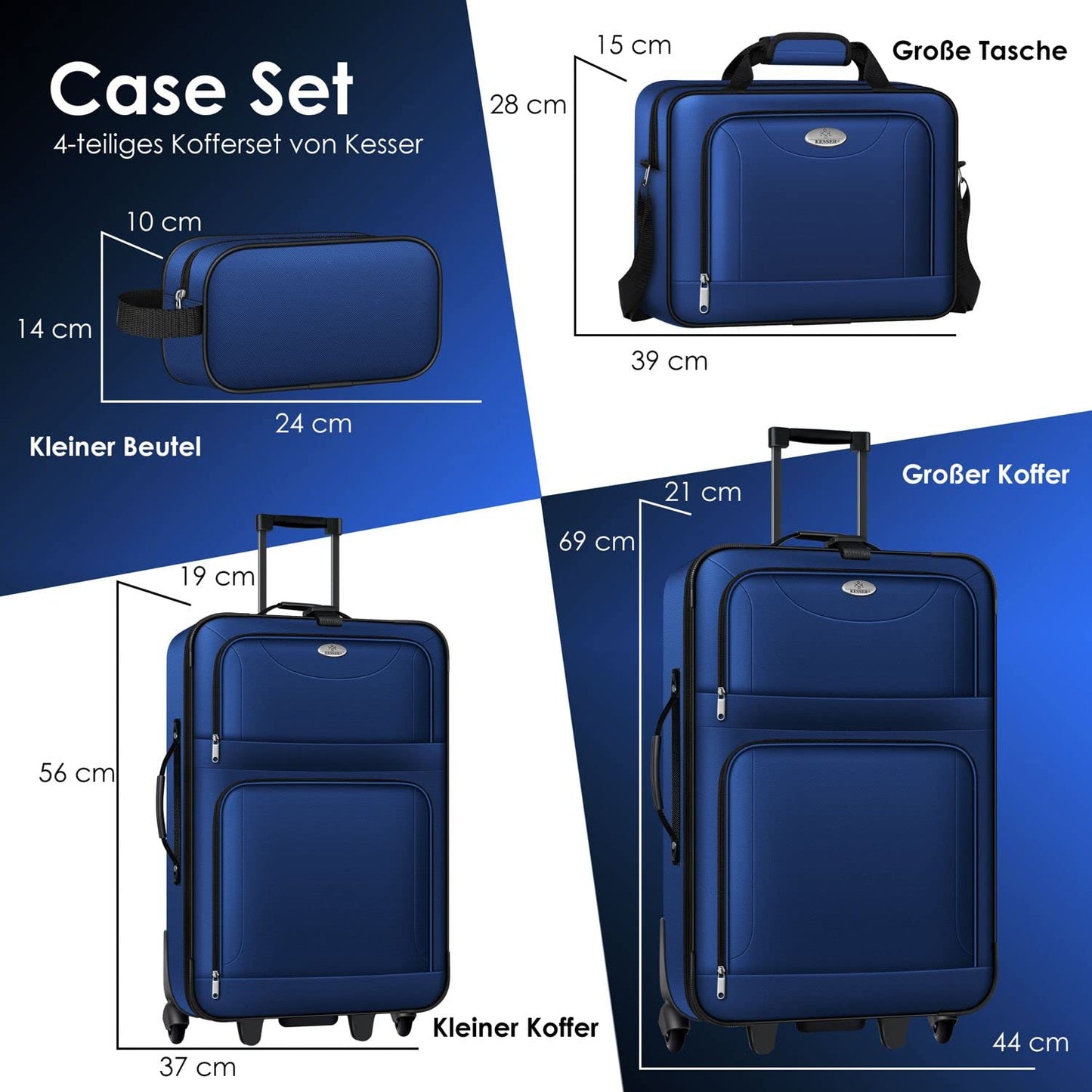 KESSER® 4pc Trolley Luggage Set | Travel Suitcase Set with Wheels | Complete Business 4pc Set | S M L XL | Mesh Pocket | Telescopic Handle | Fabric Travel Bags | Carry-on | Blue