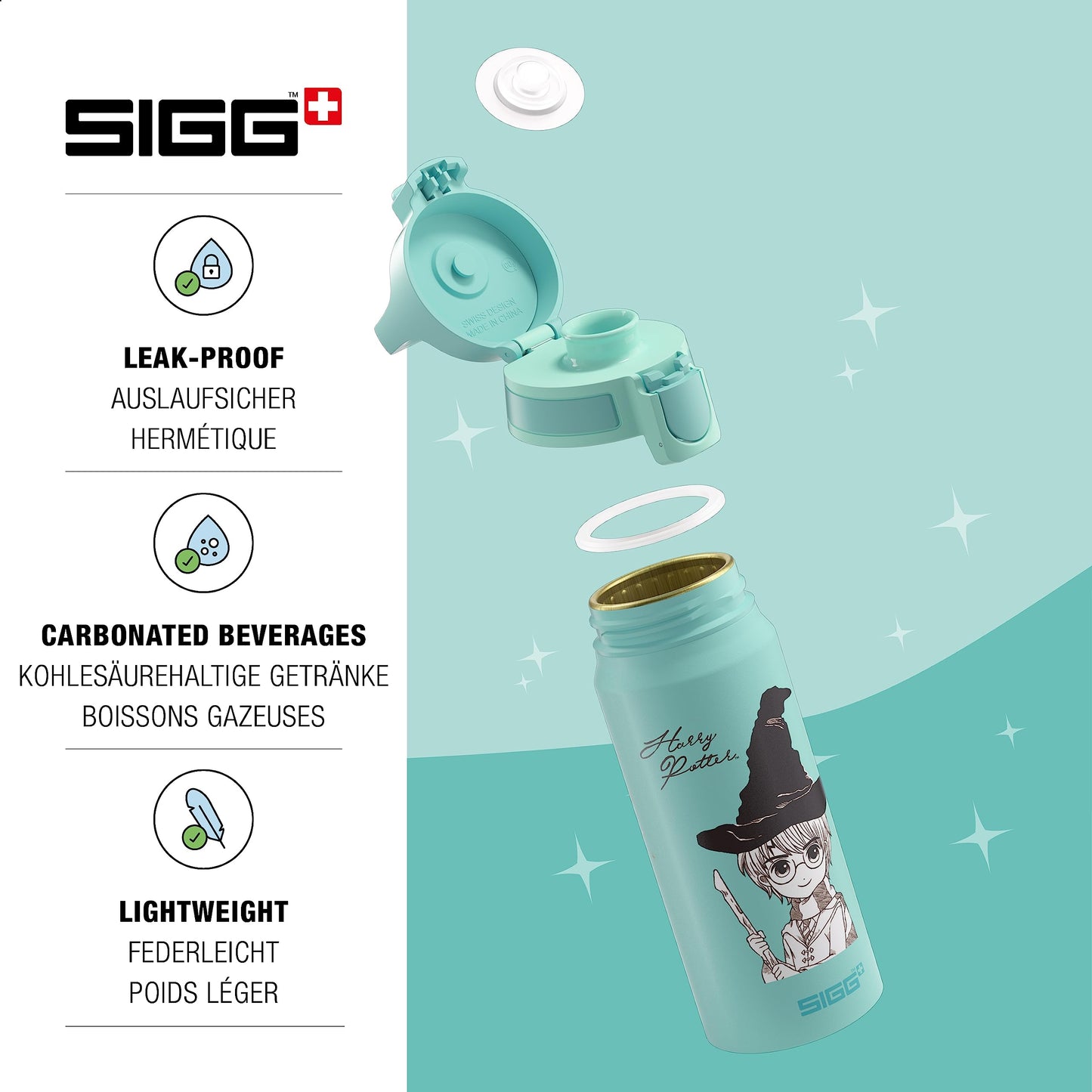 SIGG - Aluminum Water Bottle Children - WMB ONE Harry Potter - Carbonation Suitable - Leakproof - Lightweight - BPA-free - Climate Neutral Certified - Sports & School - Turquoise - 0.6L