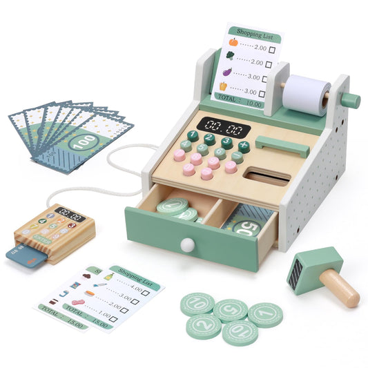 OSLINE gift for 2 3 4 5 year old girls boys, Montessori wooden toy cash register for children aged 2-5 years, including play money, card reader, and grocery store accessories, perfect birthday gift for kids.