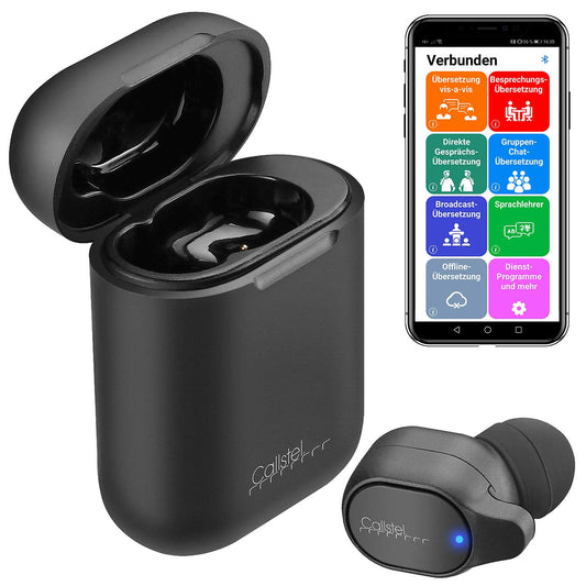 Callstel Live Translator: 2-in-1 live translator and in-ear mono headset with powerbank box & app (simultaneous translator, freisprecheinrichtung).
