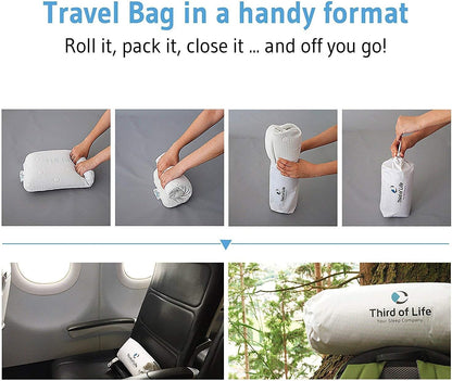 Travel pillow VOLAR Aloe Vera made of visco foam with bamboo activated charcoal | Orthopedic neck pillow with free cotton cover | Neck support pillow, headrest for travel, car, camping | 40x25x10 cm