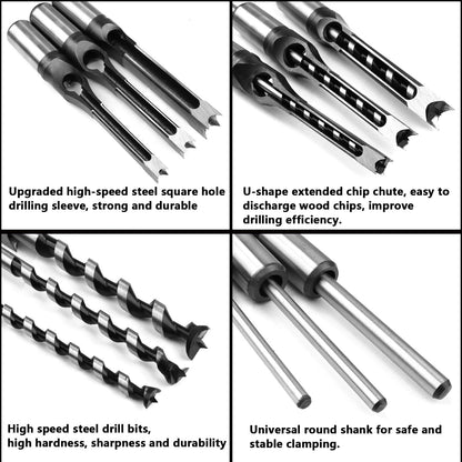 ATOPLEE Square Hole Drill Bit for Wood, 3pcs HSS Woodworking Square Mortise Drill Bit, Hole Diameter 5/16 inch (8mm), 3/8 inch (9.5mm), 1/2 inch (12.5mm) (all sizes)
