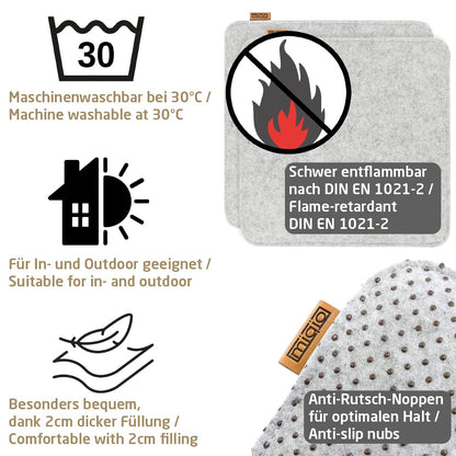 Miqio Design felt seat cushions rectangular with anti-slip knobs | 35cm | 4-pack | Indoor and outdoor | Sustainable made from recycled PET bottles | Washable chair cushions non-slip | Light grey