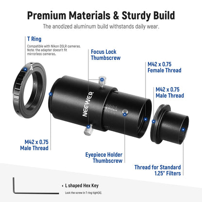 NEEWER Variable 1.25" Telescope Camera Adapter and 1.25" Extension Tube Set, compatible with Nikon DSLR cameras and telescope eyepiece for prime focus and eyepiece projection astrophotography.