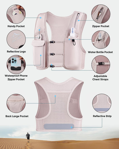 Zelvot running vest for men and women, European original patent, Adjustable chest straps, Hydration vest for running with 500ml water bottle, Reflective hydration pack with phone holder (Pink, XS/S)