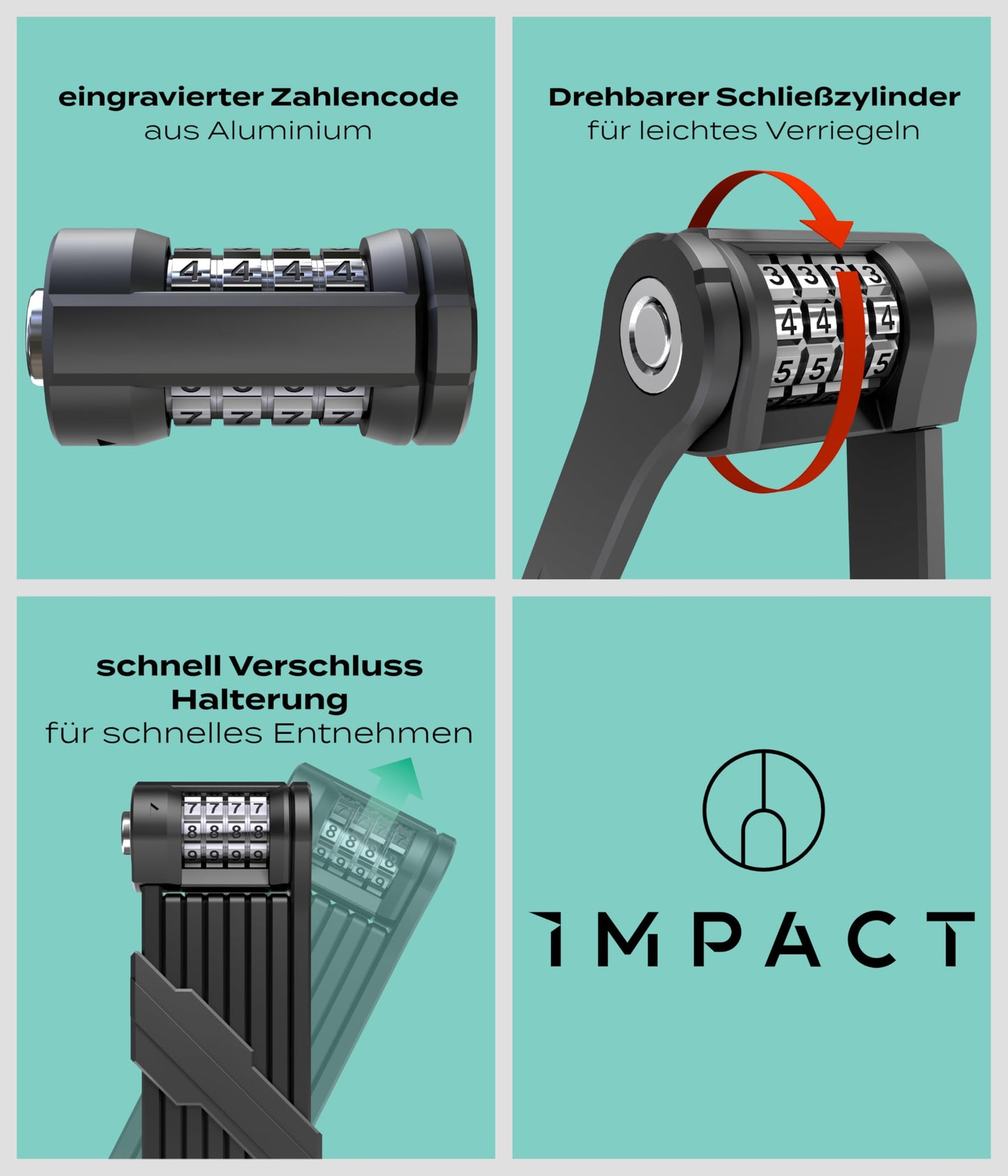 Impact PortaLock 15 - folding lock bike combination lock - security level 15 bike combination lock - 110cm with holder - bike lock folding lock