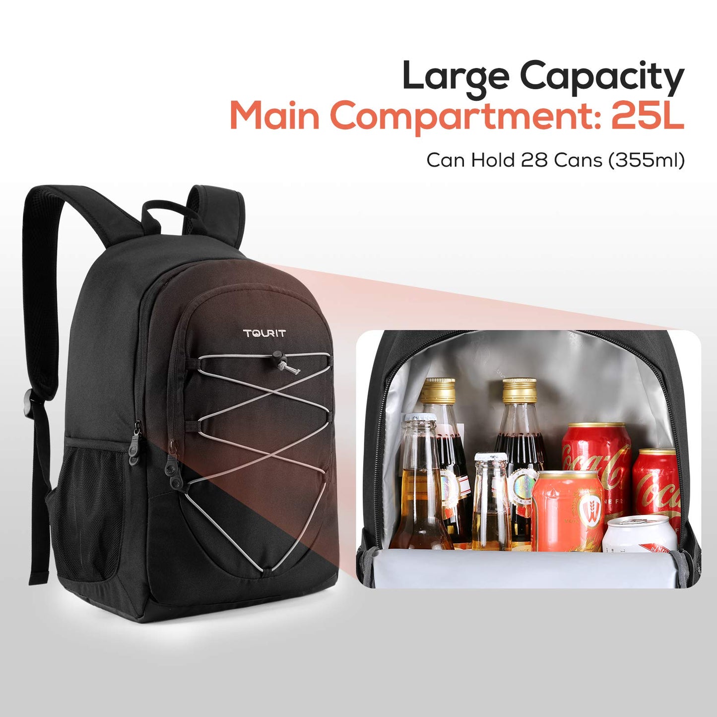 TOURIT Cooler Backpack 25L Waterproof cooler backpack Lightweight backpack for picnic, camping, hiking, BBQ Black