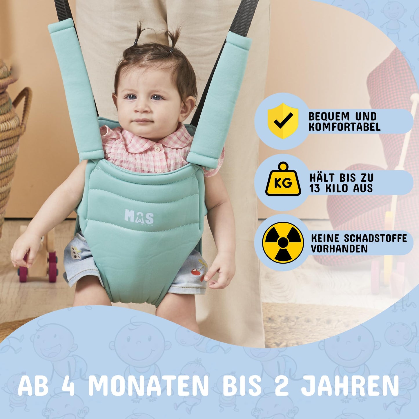 MOAS SHOP® Door Jumper Baby: Door Swing Baby, Baby Jumper, Age 4-24 months, Max Capacity 13kg, Ergonomic Seat with Harness, Adjustable Height, Door Frame Swing, Steel Anchor, Wipeable | Turquoise |