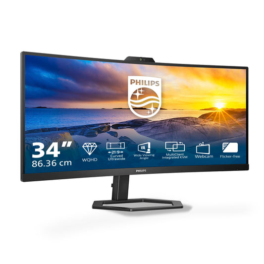 PHILIPS 34E1C5600AM - 34-inch WQHD Curved Monitor, Webcam, Height Adjustable, Speakers (3440x1440, 100Hz, HDMI, DisplayPort, USB-C, USB Hub) black