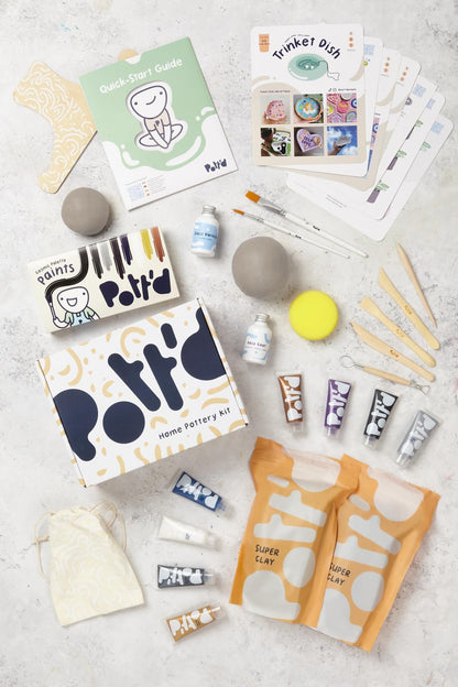 Pottery clay pot set for beginners at home - air-drying. DIY kit for adults. Includes: air-drying clay, tools, colors, brushes, sealant, instructions.
