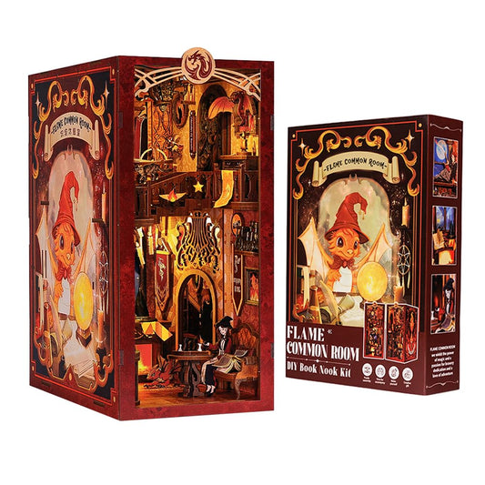 CUTEBEE Book Nook Kit with dust cover - DIY dollhouse miniature house kit with LED light, Booknook house model kits for adults to build (Flame Common Room)