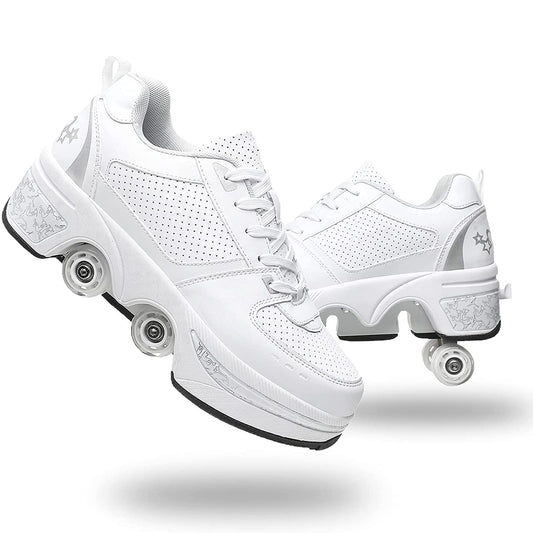 Roller skate shoes, skate shoes with wheels, inline skate, adjustable women's shoes with wheels for girls (size 38, White Silver)