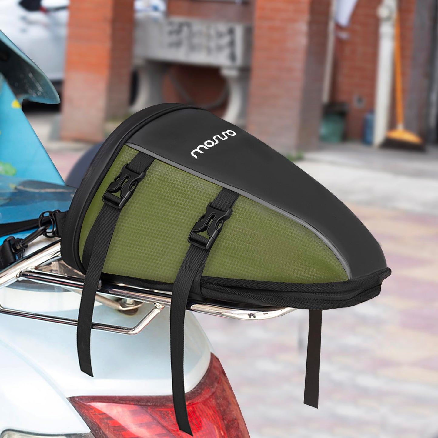 MOSISO Motorcycle Tail Bag, Multifunctional Waterproof Polyester Storage Saddle Bag, 10L Outdoor Sport Motorcycle Rear Seat Lightweight Tank Bag Tool Bag with Shoulder Strap, Army Green.