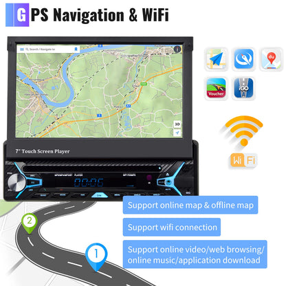 2GB+32GB Android car stereo 1 Din with GPS navigation DVD CD 7 inch Automatic retractable touchscreen DVD car stereo with Bluetooth Mirror Link AM/FM Radio WiFi/USB/AUX/EQ/DAB Radio with rear camera microphone